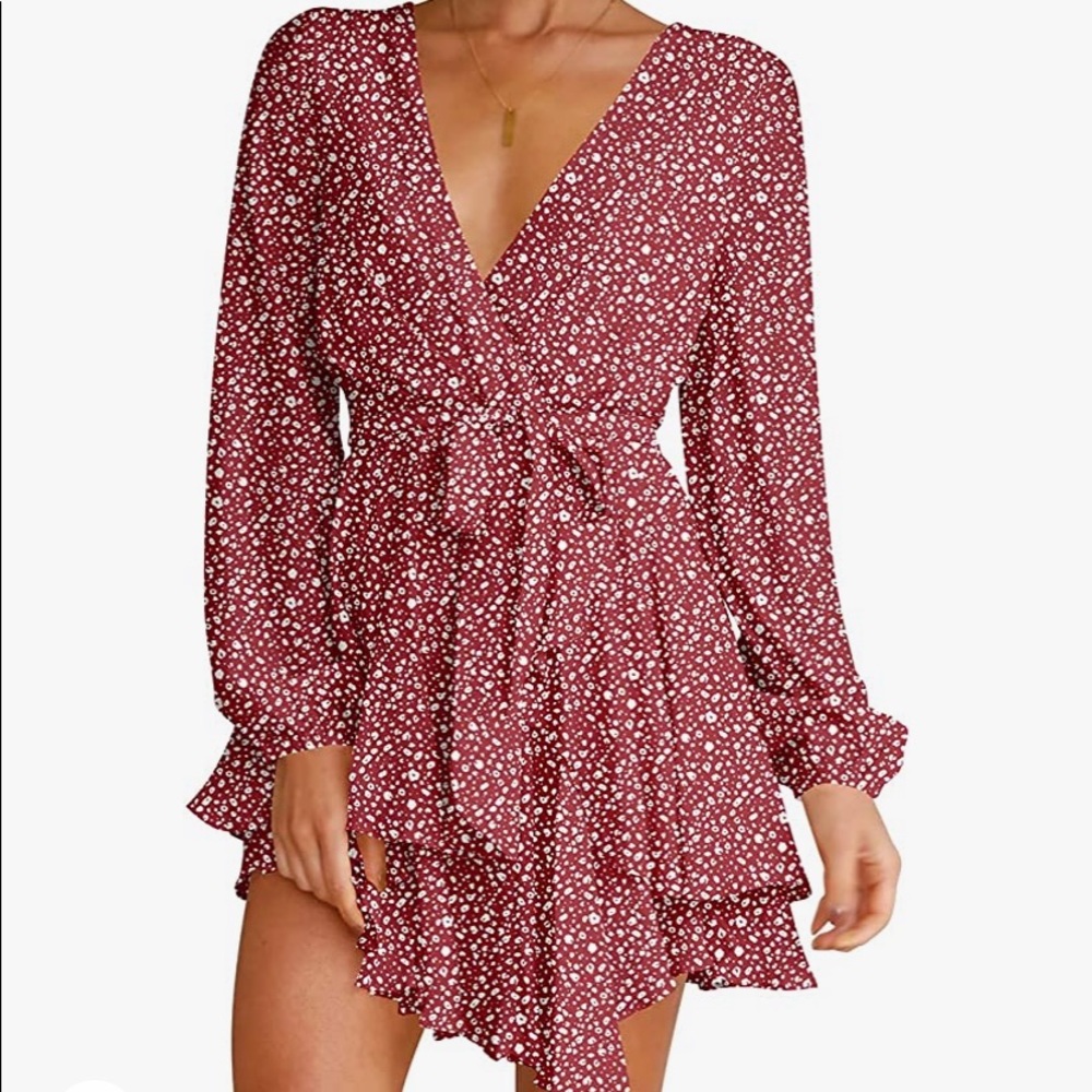 V-Neck Long Sleeve Waist Tie Ruffle Mini Swing Skater Dress